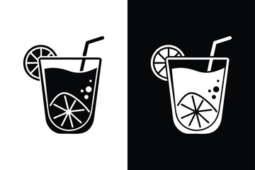 Cool Drink Silhouette Icon. Summer Fruit Vector on Black and White