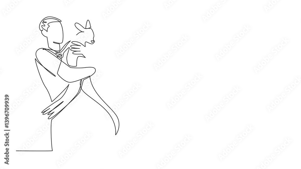 Poster self drawing animation of single continuous line drawing man hugging kangaroo. cared for since they 