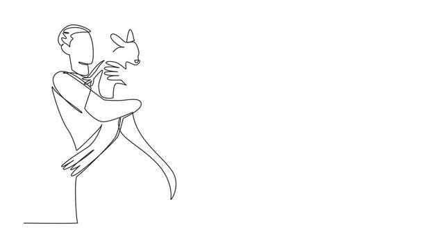 Self drawing animation of single continuous line drawing man hugging kangaroo. Cared for since they were small, it is time to release them natural habitat. Hug an Australian Day. Full length animated