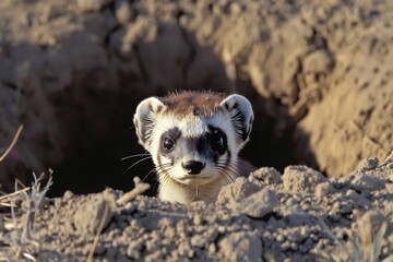 A black footed ferret peeking from a prairie dog burrow, masked face curious, once declared extinct but