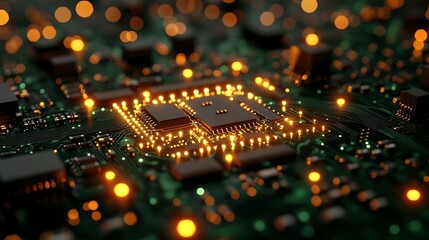 Obraz premium Close-up of a glowing circuit board under low ambient lighting, golden copper traces connecting microchips and tiny LED diodes. Green board texture visible with light reflections.