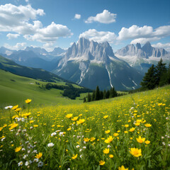 Flower Field in Bloom with Scenic Mountains &ndash; Vibrant Agricultural Landscape Photography