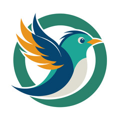 Fototapeta premium A bird logo features an abstract design with a blue-green body and yellow wings, set within a circular outline. It symbolizes creativity and a fresh approach, ideal for branding
