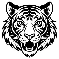 Fototapeta premium The striking tiger logo showcases a detailed design with fierce eyes and sharp features. Perfect for various branding needs or artistic projects, the logo emphasizes strength and elegance