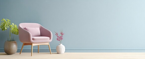 An aesthetically pleasing living room setting showcasing a pastel-colored chair adorned with a plush cushion, complemented by elegantly arranged floral displays and lush green plants The light blue