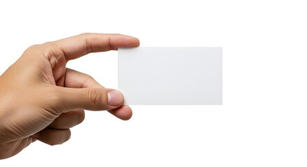 Obraz premium Close-up of a hand holding a blank business card, offering ample copy space for personalized messages against a clean white background, ideal for professional branding and networking