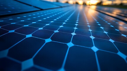 Obraz premium Extreme close-up of solar panel surface, clean blue crystalline pattern with sun glare casting reflections. Captured straight-on with neutral sky reflection.