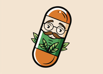 capsule medicine hipster vintage logo. Capsule with leaves or plant with kine art design style for herbal food vitamin or supplement logo concept vector cartoon illustration