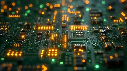 Obraz premium Flat lay macro of a clean green circuit board with organized gold traces, glowing yellow LEDs forming a grid. Subtle reflection on surface glass layer. Created Using: technical blueprint look,