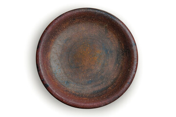 Empty clay plate isolated on a white background.