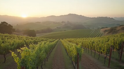 Fototapeta premium Golden Sunrise Over Rolling Vineyard Hills Rows of Green Grapes Vines in Cultivation and Agriculture Landscape in Rural Countryside Under Clear Blue Sky