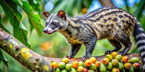 Obraz premium Candid wildlife shot: a three-striped palm civet feasts on fruit high in a Thai tree.