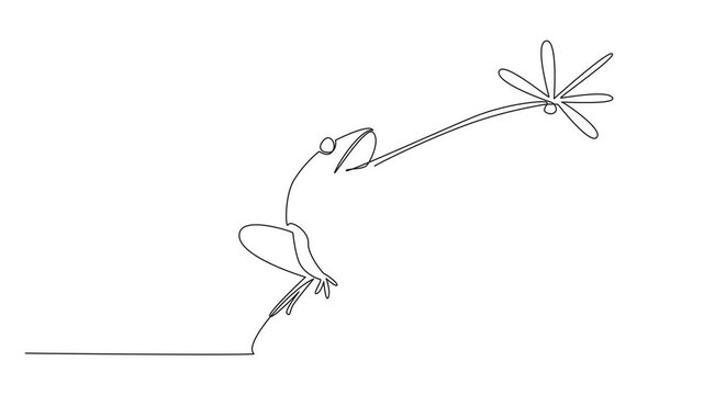 Animation of continuous line drawing frog sitting on a rock sticking out its tongue preying on a dragonfly. Minimal effort. Save The Frogs Day. Single line self drawing animated. Full length motion