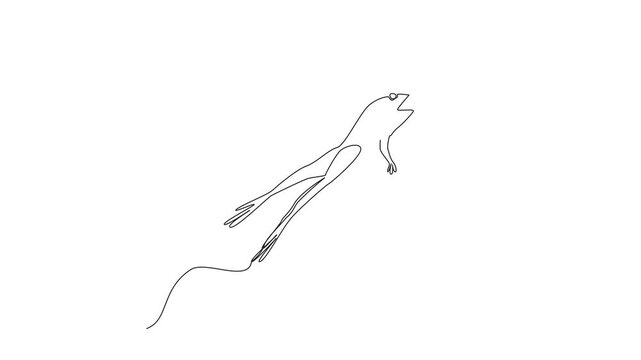 Animated self drawing of continuous line drawing frog jumping with tongue sticking out to prey on dragonfly. Natural. Hungry. Attempt to get food. Save The Frogs Day. Full length single line animation