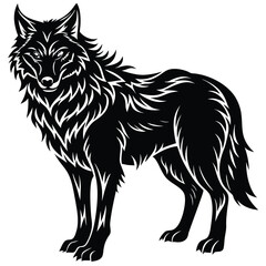 Wild wolf head vector illustration, a black and white canine animal drawing