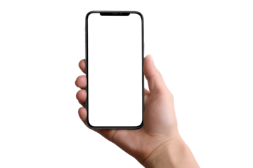 Mockup of hand holding cell phone with transparent screen