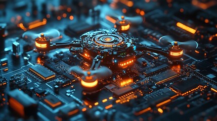 Fototapeta premium Macro of drone rotor spinning in laboratory setting, surrounded by circuit boards and light sensors. Cool fluorescent lighting and highly reflective surfaces dominate the background.