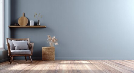A serene interior scene showcases a minimalistic approach, blending soft gray-blue walls with the warmth of a wooden floor Natural light filters in, illuminating the simplicity of the space A single