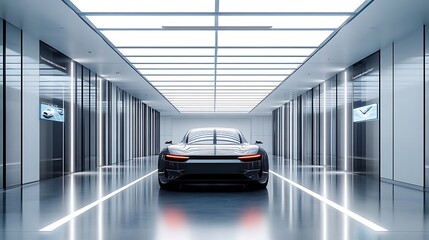 Fototapeta premium Minimalist car showroom interior with a single autonomous car in the center, smart glass walls displaying location-based holographic routes. Natural light floods from overhead skylights.