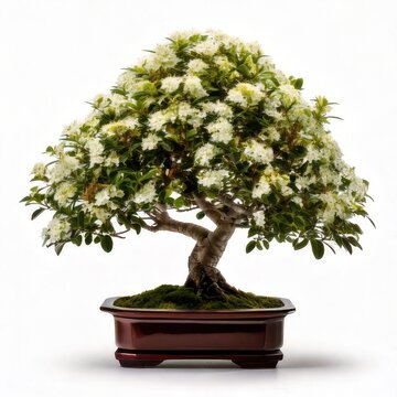 Delicate white bonsai tree with glossy leaves