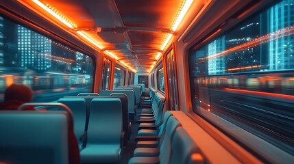 Fototapeta premium Modern train lounge interior captured at night, cool-toned LED strips along the ceiling, passengers softly lit while the night city blurs outside the glass walls.