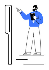 Man gesturing towards vertical board, holding clipboard in hand. Ideal for instruction, direction, presentation, guidance, decision-making, teaching workplace framing. Flat simple metaphor