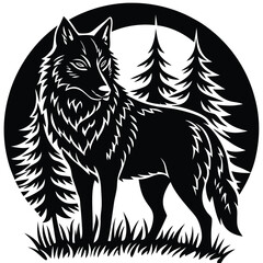 Wild wolf head vector illustration, a black and white canine animal drawing