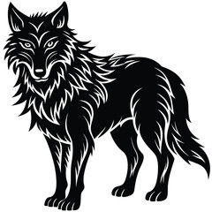 Wild wolf head vector illustration, a black and white canine animal drawing