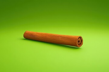 A single cinnamon stick resting on a vibrant green background