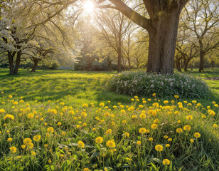 Sunbeams illuminate dandelions on a green lawn in a spring garden. Scenic image of charming garden in spring time. Flowering orchard in the morning. Fantastic photo wallpaper. Beauty of earth.