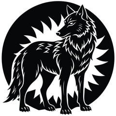 Fototapeta premium Wild wolf head vector illustration, a black and white canine animal drawing