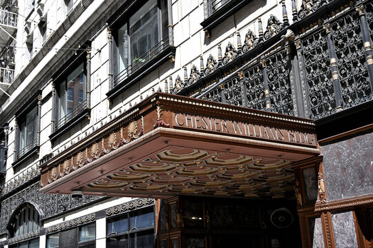 LOS ANGELES, CALIFORNIA - 7 APR 2025: The Chester Williams Building is a historic twelve story highrise located at 452 S. Broadway and 215 W. 5th Street in the Broadway Theater District.