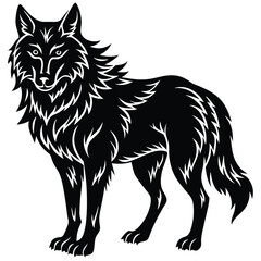 Wild wolf head vector illustration, a black and white canine animal drawing