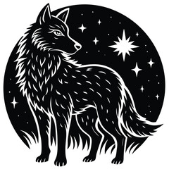 Wild wolf head vector illustration, a black and white canine animal drawing