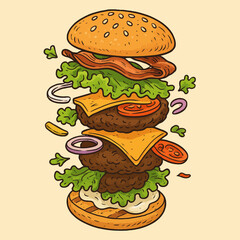 Exploded Burger Illustration with Floating Ingredients on Tan Background