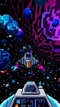 Retro pixel art video game style with a top-down angle, showcasing a spaceship navigating through a colorful, vibrant cosmic landscape. Live mobile wallpaper.