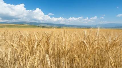Golden Wheat Field Under a Bright Blue Sky with Rolling Hills