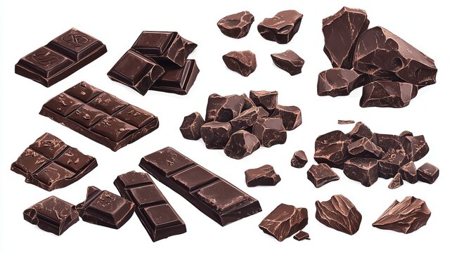 Assorted dark chocolate bars and chunks scattered on a white background in a detailed illustration