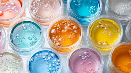 Petri dishes filled with liquid or gel, representing cosmetics, chemicals, or viruses, isolated clearly. 
