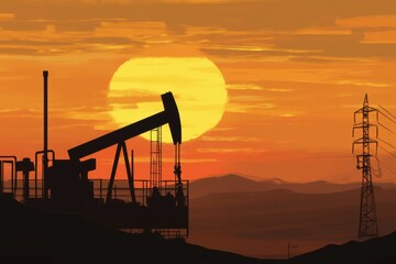 Oil Pump Jack at Sunset Silhouette with Power Lines and Hills