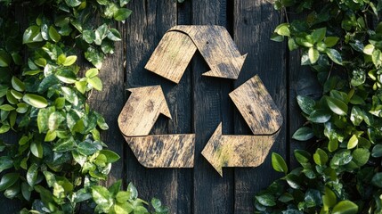 Generative AI, a recycling green sign made of wood and leaves, zero waste, reuse concept