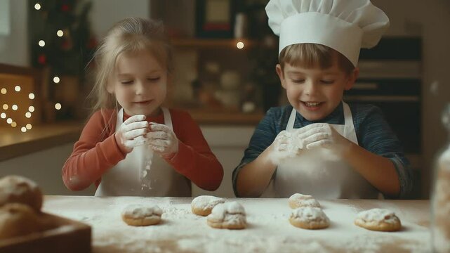 Happy children wearing aprons and a chef hat, playfully dusting flour over cookies while baking in a cozy, festive kitchen.