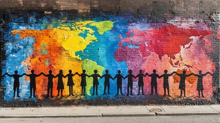 A mural painted on a brick wall showing workers from every continent holding hands across an illustrated world map, captured in vibrant street photography style. Created Using: Urban art realism,