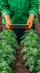 Fototapeta premium Digital Agriculture Interface in a Farm Setting with a Person Using a Tablet Device