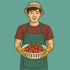 Holding Basket of Strawberries Cartoon Style Illustration with Farmer