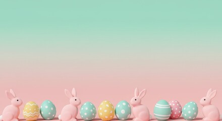 Cute pastel pink bunnies and colorful Easter eggs on soft pink and green ombre background