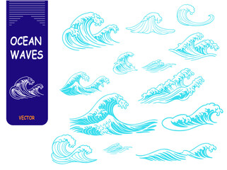 Vector sea waves collection. Illustration of blue ocean waves with foam. Isolated water splash set in cartoon style. Element for your design.