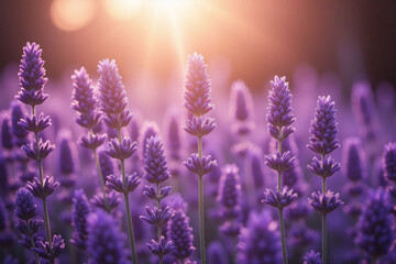 Fototapeta premium field of lavender flowers with the sun shining through them