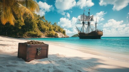 Naklejka premium Treasure Chest and Sailing Ship on Tropical Island Beach Paradise