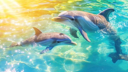 Obraz premium Dolphins swimming in sunlit tropical waters. Mother's Day, Mothering Sunday, Dia de la Madre - Global Maternal Celebration, Worldwide Family Holiday